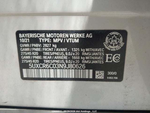Aukcja sprzedaży 2022 Bmw X5 Xdrive40i, vin: 5UXCR6C03N9J80626, numer aukcji: 12608511