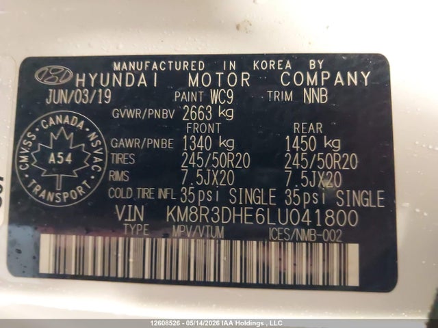 12608526 :رقم المزاد ، KM8R3DHE6LU041800 vin ، 2020 Hyundai Palisade Sel مزاد بيع