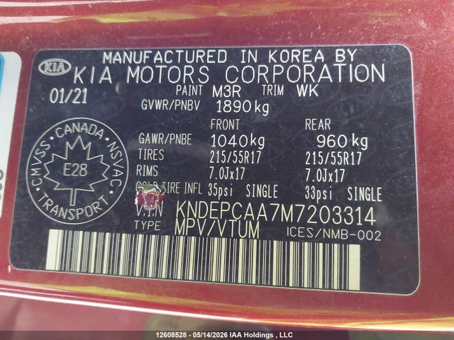 12608528 :رقم المزاد ، KNDEPCAA7M7203314 vin ، 2021 Kia Seltos Lx مزاد بيع