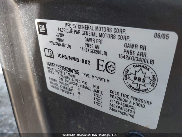 Aukcja sprzedaży 2005 Gmc Envoy Xl, vin: 1GKET16S256204755, numer aukcji: 12608542