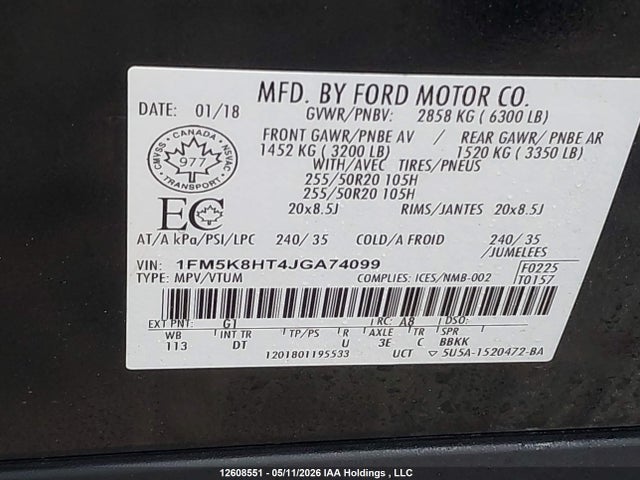 1FM5K8HT4JGA74099 Ford Explorer Platinum
