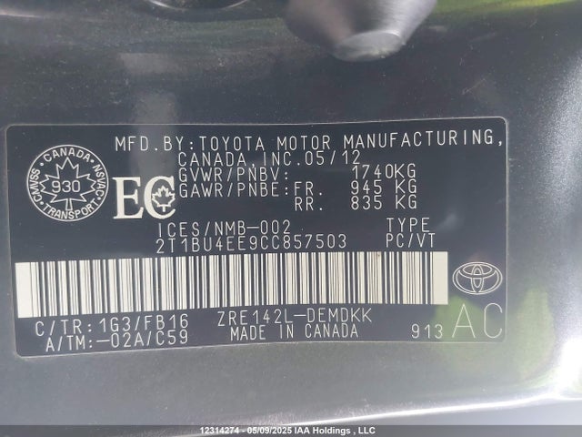 Продаж на аукціоні авто 2012 Toyota Corolla Ce, vin: 2T1BU4EE9CC857503, номер лоту: 12314274
