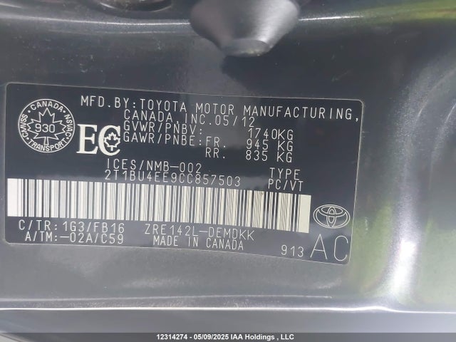 Продаж на аукціоні авто 2012 Toyota Corolla Ce, vin: 2T1BU4EE9CC857503, номер лоту: 12314274
