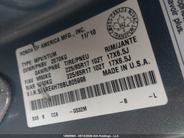 Продаж на аукціоні авто 2011 Honda Cr-v Ex-l, vin: 5J6RE4H78BL805998, номер лоту: 12608560