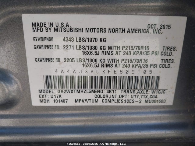 Aukcja sprzedaży 2015 Mitsubishi Rvr Se, vin: 4A4AJ3AUXFE609105, numer aukcji: 12608562