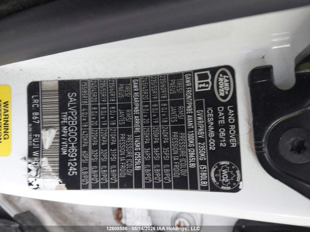 2012 Land Rover Range Rover Evoque Pure Plus მანქანა იყიდება აუქციონზე, vin: SALVP2BG0CH691245, აუქციონის ნომერი: 12608586