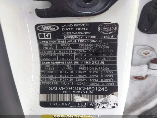 2012 Land Rover Range Rover Evoque Pure Plus მანქანა იყიდება აუქციონზე, vin: SALVP2BG0CH691245, აუქციონის ნომერი: 12608586