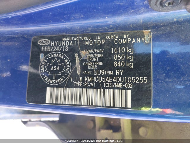 12608587 :رقم المزاد ، KMHCU5AE4DU105255 vin ، 2013 Hyundai Accent Gls مزاد بيع