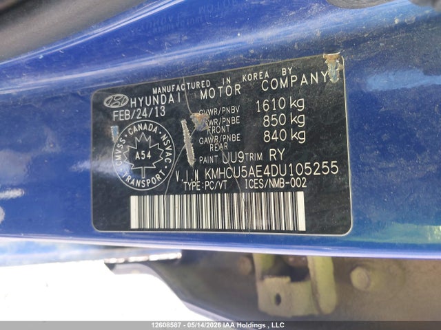 12608587 :رقم المزاد ، KMHCU5AE4DU105255 vin ، 2013 Hyundai Accent Gls مزاد بيع