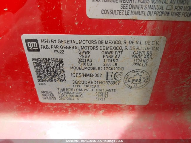 3GCUDAED1NG578067 Chevrolet Silverado 1500 Work Truck