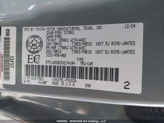 Продажа на аукционе авто 2025 Toyota Tundra Sr 4x4, vin: 5TFLA5DB2SX274104, номер лота: 12608592