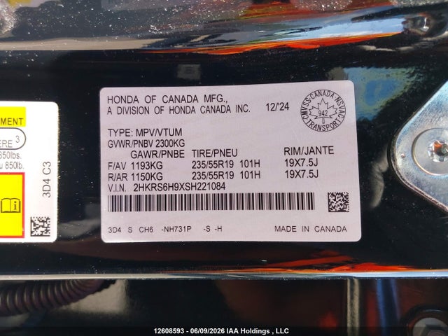 2025 Honda Cr-v Touring Hybrid მანქანა იყიდება აუქციონზე, vin: 2HKRS6H9XSH221084, აუქციონის ნომერი: 12608593