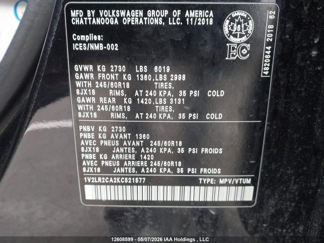 Продажа на аукционе авто 2019 Volkswagen Atlas Se, vin: 1V2LR2CA2KC521577, номер лота: 12608599