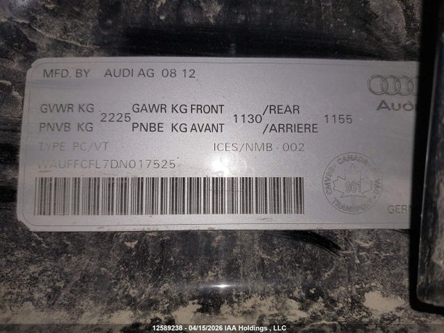 Продажа на аукционе авто 2013 Audi A4 2.0t Premium, vin: WAUFFCFL7DN017525, номер лота: 12589238
