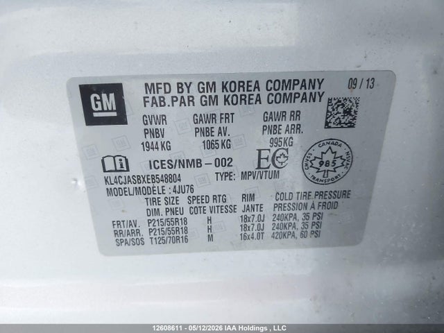 12608611 :رقم المزاد ، KL4CJASBXEB548804 vin ، 2014 Buick Encore Convenience مزاد بيع