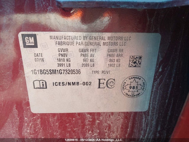 1G1BG5SM1G7320536 Chevrolet Cruze Premier Auto
