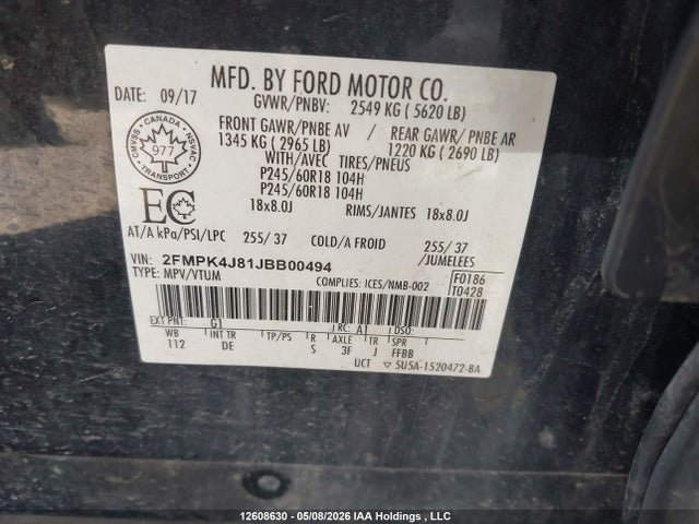 12608630 :رقم المزاد ، 2FMPK4J81JBB00494 vin ، 2018 Ford Edge Sel مزاد بيع