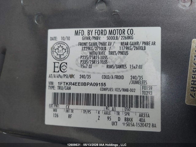 Продажа на аукционе авто 2011 Ford Ranger Super Cab, vin: 1FTKR4EE0BPA09155, номер лота: 12608631