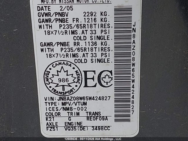 12608636 :رقم المزاد ، JN8AZ08W65W424827 vin ، 2005 Nissan Murano Sl/se/s مزاد بيع