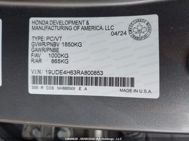 12608638 :رقم المزاد ، 19UDE4H63RA800853 vin ، 2024 Acura Integra Elite A-spec مزاد بيع