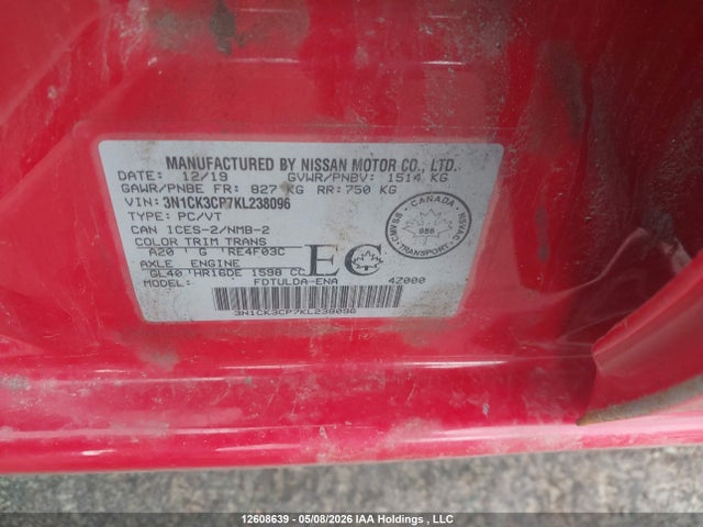 12608639 :رقم المزاد ، 3N1CK3CP7KL238096 vin ، 2019 Nissan Micra مزاد بيع