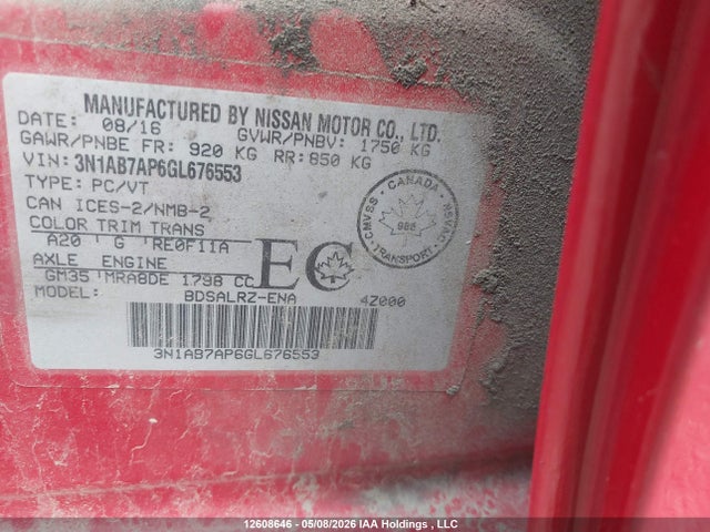 12608646 :رقم المزاد ، 3N1AB7AP6GL676553 vin ، 2016 Nissan Sentra 1.8 S/1.8 Sl/1.8 Sr/1.8 Sv مزاد بيع