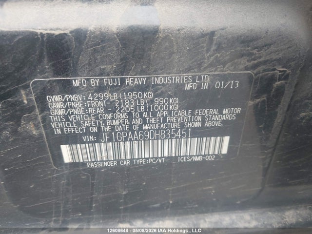 Продаж на аукціоні авто 2013 Subaru Impreza, vin: JF1GPAA69DH835451, номер лоту: 12608648