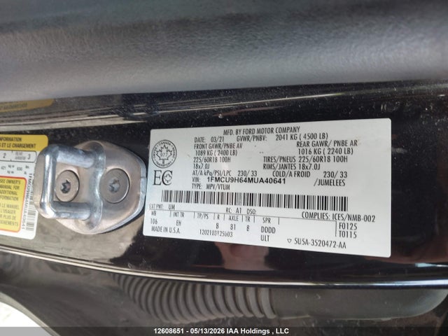 Продажа на аукционе авто 2021 Ford Escape Sel, vin: 1FMCU9H64MUA40641, номер лота: 12608651