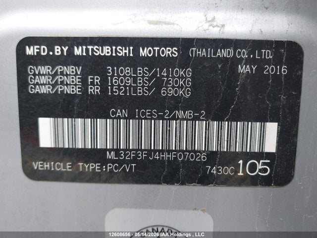 Aukcja sprzedaży 2017 Mitsubishi Mirage G4 Es, vin: ML32F3FJ4HHF07026, numer aukcji: 12608656