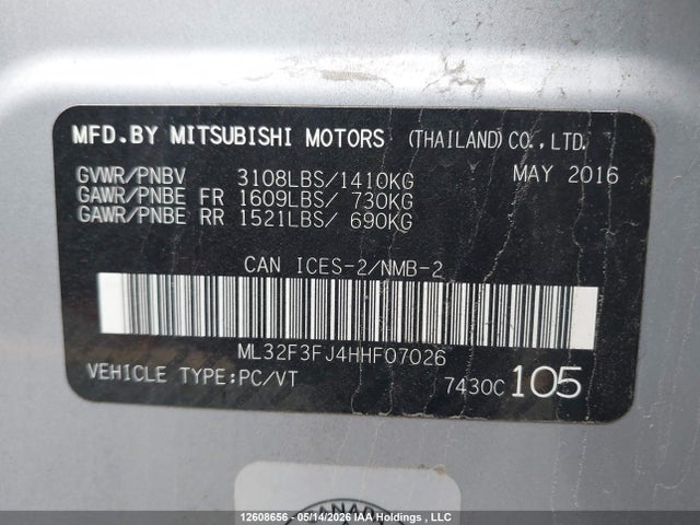 Aukcja sprzedaży 2017 Mitsubishi Mirage G4 Es, vin: ML32F3FJ4HHF07026, numer aukcji: 12608656
