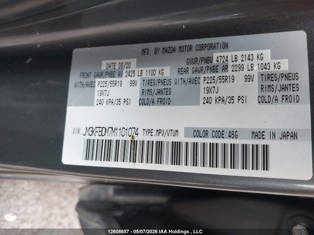 Aukcja sprzedaży 2021 Mazda Cx-5 Gt, vin: JM3KFBDM7M1101074, numer aukcji: 12608657