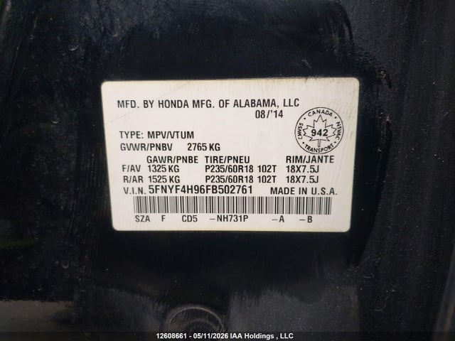 5FNYF4H96FB502761 Honda Pilot Touring