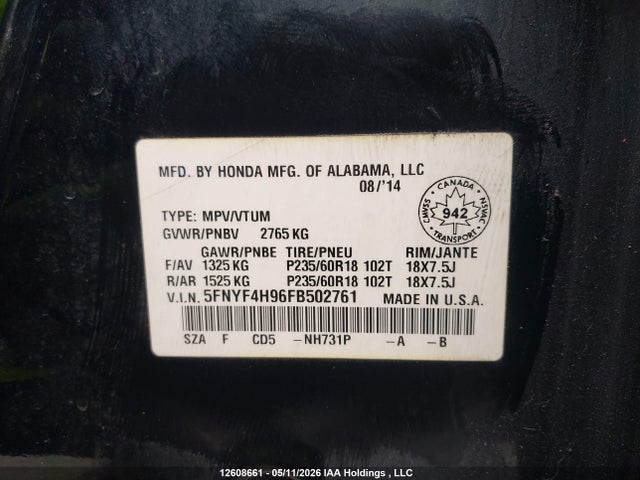 5FNYF4H96FB502761 Honda Pilot Touring