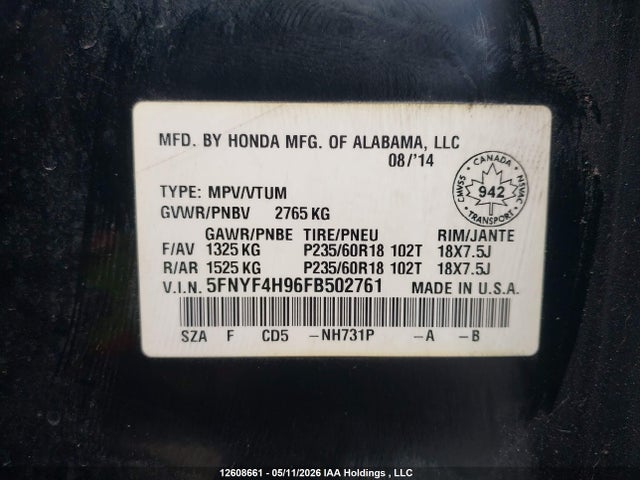 5FNYF4H96FB502761 Honda Pilot Touring