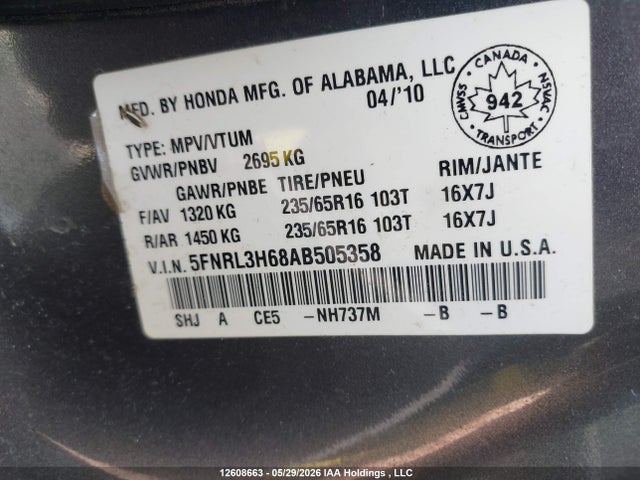 Продаж на аукціоні авто 2010 Honda Odyssey Ex-l/touring, vin: 5FNRL3H68AB505358, номер лоту: 12608663