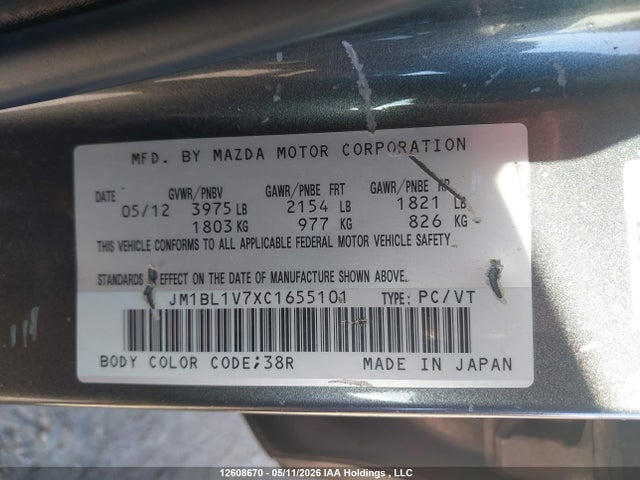 Aukcja sprzedaży 2012 Mazda 3 I, vin: JM1BL1V7XC1655101, numer aukcji: 12608670