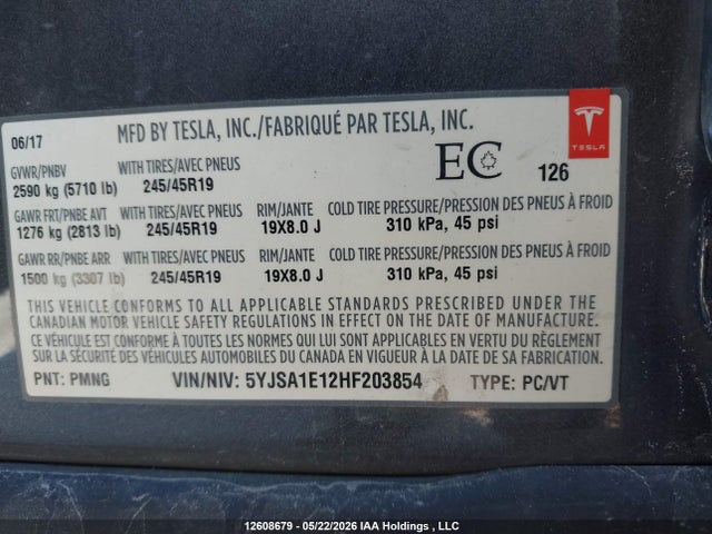 Auction sale of the 2017 Tesla Model S, vin: 5YJSA1E12HF203854, lot number: 12608679