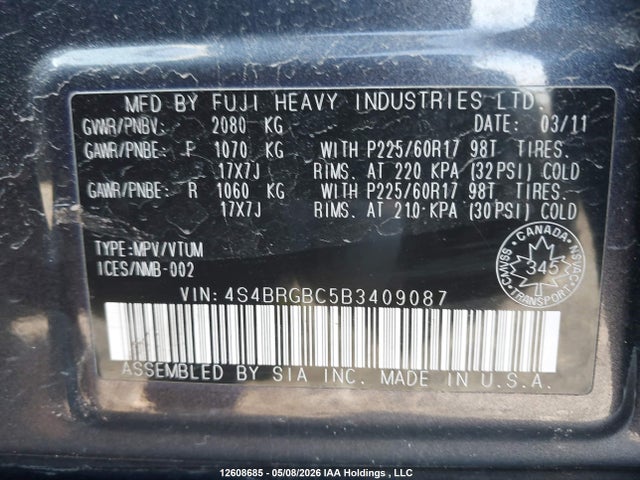 Aukcja sprzedaży 2011 Subaru Outback 2.5i Premium, vin: 4S4BRGBC5B3409087, numer aukcji: 12608685