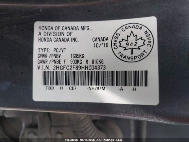 Продажа на аукционе авто 2017 Honda Civic, vin: 2HGFC2F89HH004373, номер лота: 12608698
