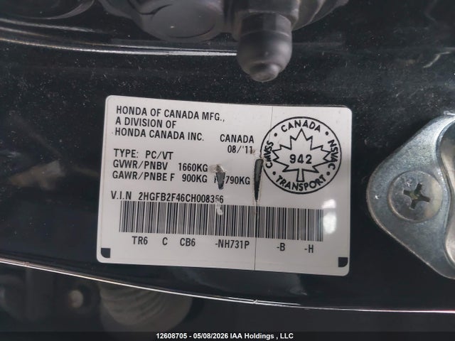 Aukcja sprzedaży 2012 Honda Civic Lx, vin: 2HGFB2F46CH008356, numer aukcji: 12608705
