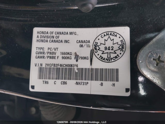 Aukcja sprzedaży 2012 Honda Civic Lx, vin: 2HGFB2F46CH008356, numer aukcji: 12608705