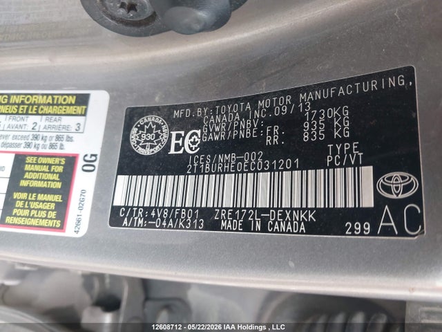 Aukcja sprzedaży 2014 Toyota Corolla Le, vin: 2T1BURHE0EC031201, numer aukcji: 12608712