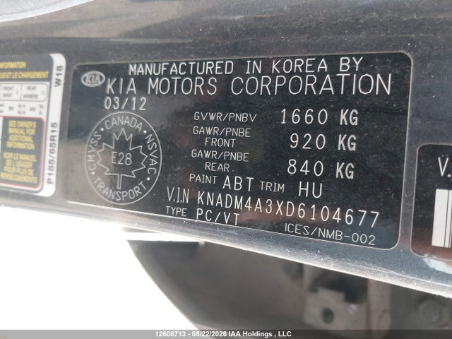 2013 Kia Rio Lx მანქანა იყიდება აუქციონზე, vin: KNADM4A3XD6104677, აუქციონის ნომერი: 12608713