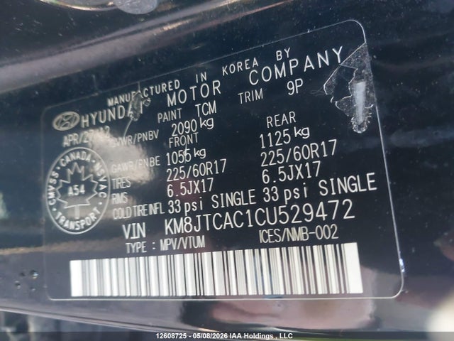 2012 Hyundai Tucson Gl მანქანა იყიდება აუქციონზე, vin: KM8JTCAC1CU529472, აუქციონის ნომერი: 12608725