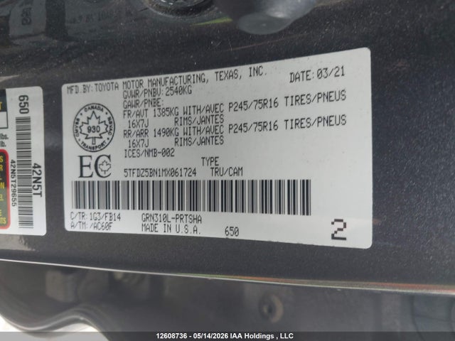 Продаж на аукціоні авто 2021 Toyota Tacoma, vin: 5TFDZ5BN1MX061724, номер лоту: 12608736