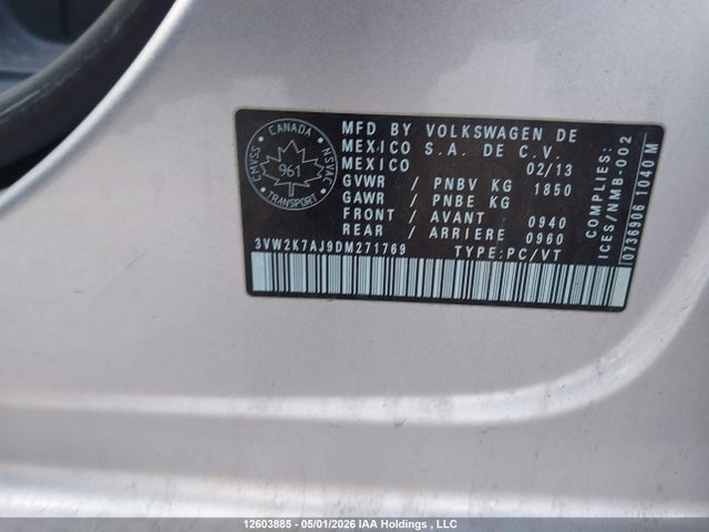 2013 Volkswagen Jetta 2.0l Trendline/2.0l Trendline+ მანქანა იყიდება აუქციონზე, vin: 3VW2K7AJ9DM271769, აუქციონის ნომერი: 12603885