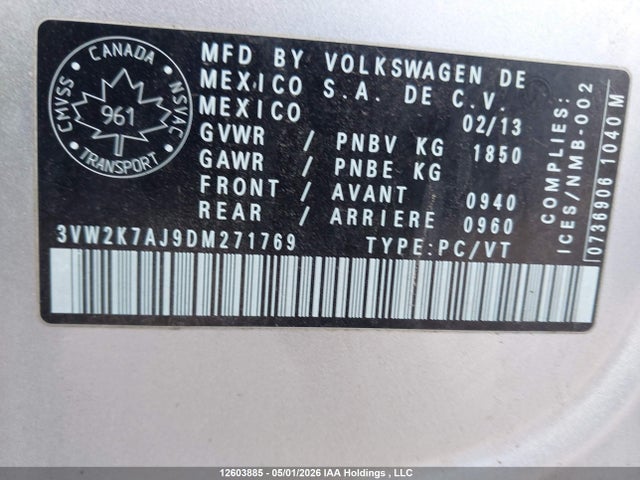 2013 Volkswagen Jetta 2.0l Trendline/2.0l Trendline+ მანქანა იყიდება აუქციონზე, vin: 3VW2K7AJ9DM271769, აუქციონის ნომერი: 12603885