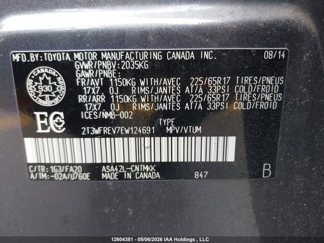 2014 Toyota Rav4 Xle მანქანა იყიდება აუქციონზე, vin: 2T3WFREV7EW124691, აუქციონის ნომერი: 12604381