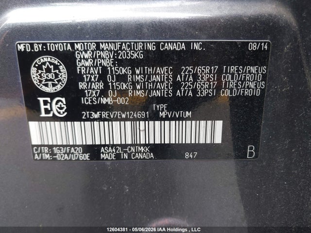 2014 Toyota Rav4 Xle მანქანა იყიდება აუქციონზე, vin: 2T3WFREV7EW124691, აუქციონის ნომერი: 12604381