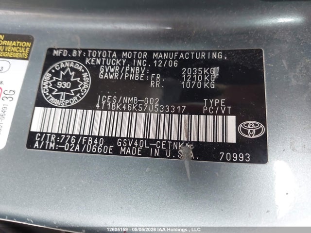 2007 Toyota Camry Le V6/se V6/xle V6 მანქანა იყიდება აუქციონზე, vin: 4T1BK46K57U533317, აუქციონის ნომერი: 12605159